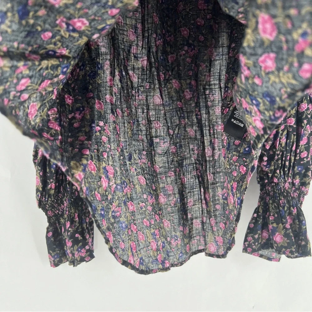 Free People Meant To Be Black Floral Print‎ Full Mutton Sleeve Peasant Blouse M